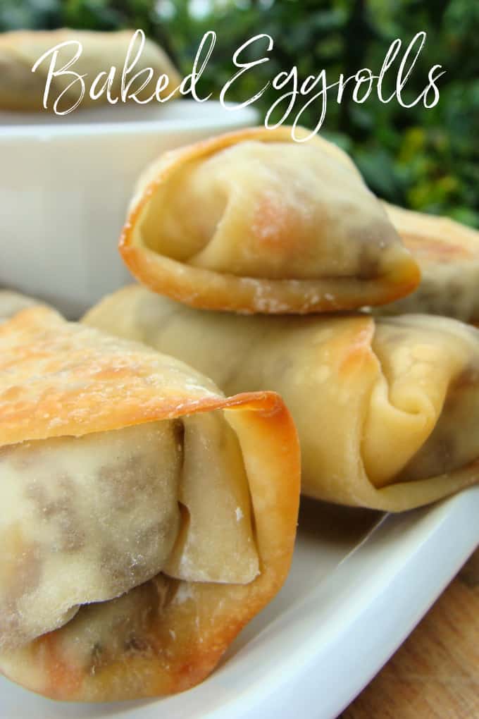 Close up image of baked eggrolls on a white plate.