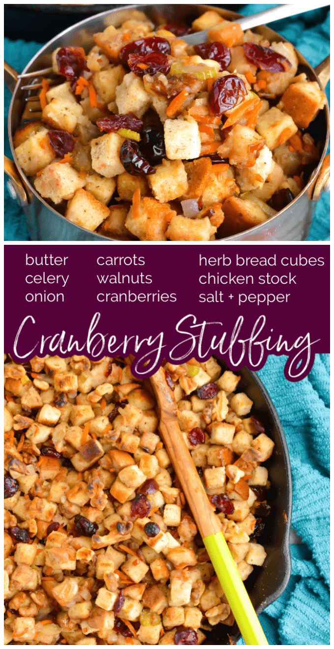 Walnut Cranberry Stuffing can be made all in one skillet with just a few easy ingredients, including store-bought bread cubes, tart dried cranberries and chopped walnuts. via @jugglingactmama