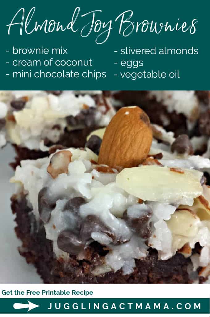I love shortcut recipes and this is one of the best! Semi-homemade Almond Joy Brownies start with store-bought brownie mix, but no one can tell because of the scrumptious chocolate, almond and coconut topping! via @jugglingactmama