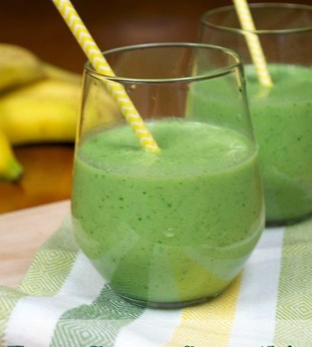 Image contains two Easy Green Smoothies from Top Notch Mom as seen on Juggling Act Mama.