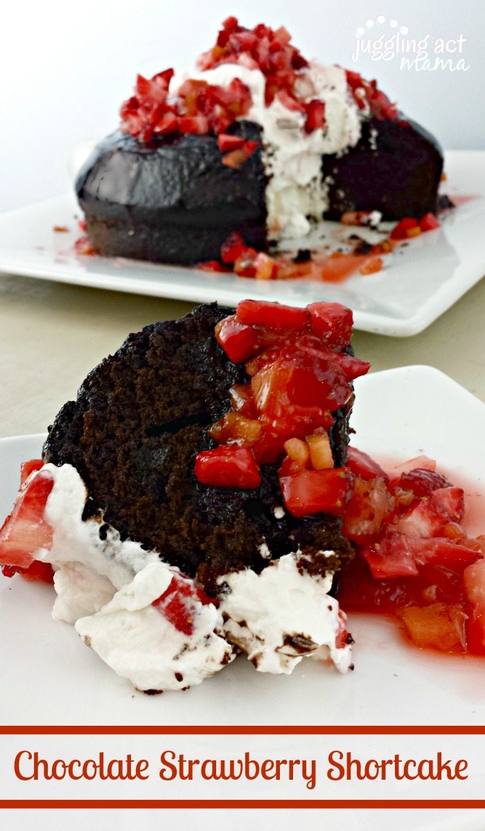 Another amazing recipe from Juggling Act Mama - Rich delicious chocolate bundt cake with strawberry glaze, topped with homemade whipped cream and fresh berries.
