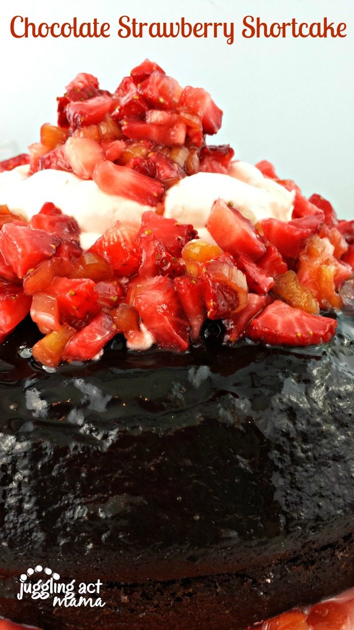 Chocolate Strawberry Shortcake from Juggling Act Mama - this is not your typical strawberry shortcake recipe! Moist chocolate bundt cake with strawberry glaze, topped with homemade whipped cream and fresh berries - YUM!