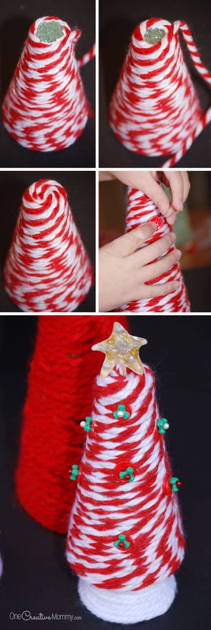 Get ready for the holidays with a fun yarn tree Christmas craft for kids! {OneCreativeMommy.com} Kids' Christmas Decor Idea and Craft