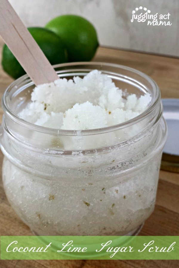 Close up of Coconut Lime Sugar Scrub in a jar.