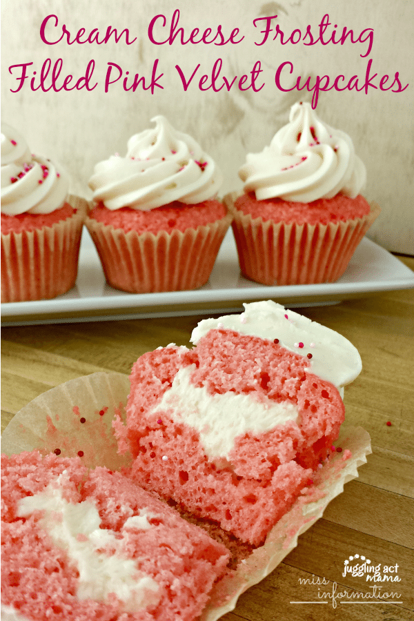 Cream Cheese Frosting Filled Pink Velvet Cupcakes from Juggling Act Mama