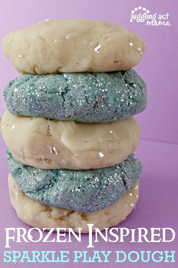 Frozen Inspired Sparkle Play Dough stacked up.