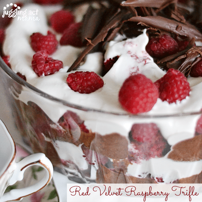Close up image of red velvet raspberry trifle.
