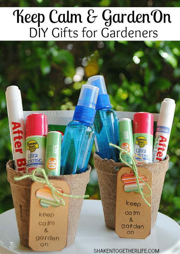 Seed pots filled with sunscreen, insect repellent, cooling spray with a gift tag reading Keep Calm and Garden On.