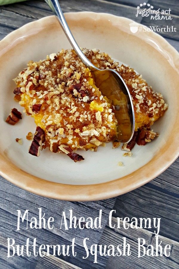 Butternut Squash Casserole with Pecans - this make-ahead sweet and crunchy-topped casserole is perfect for a potluck or holiday dinner! This easy casserole will have everyone diving in for seconds! via @jugglingactmama