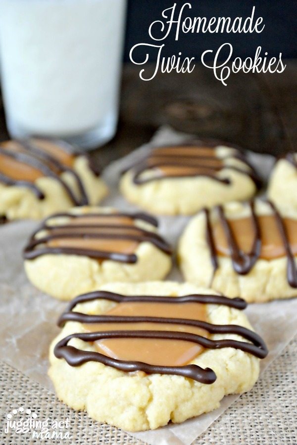 6 Twix cookies (shortbread cookie filled with caramel and drizzled with chocolate) on a piece of wax paper, placed on a piece of burlap.