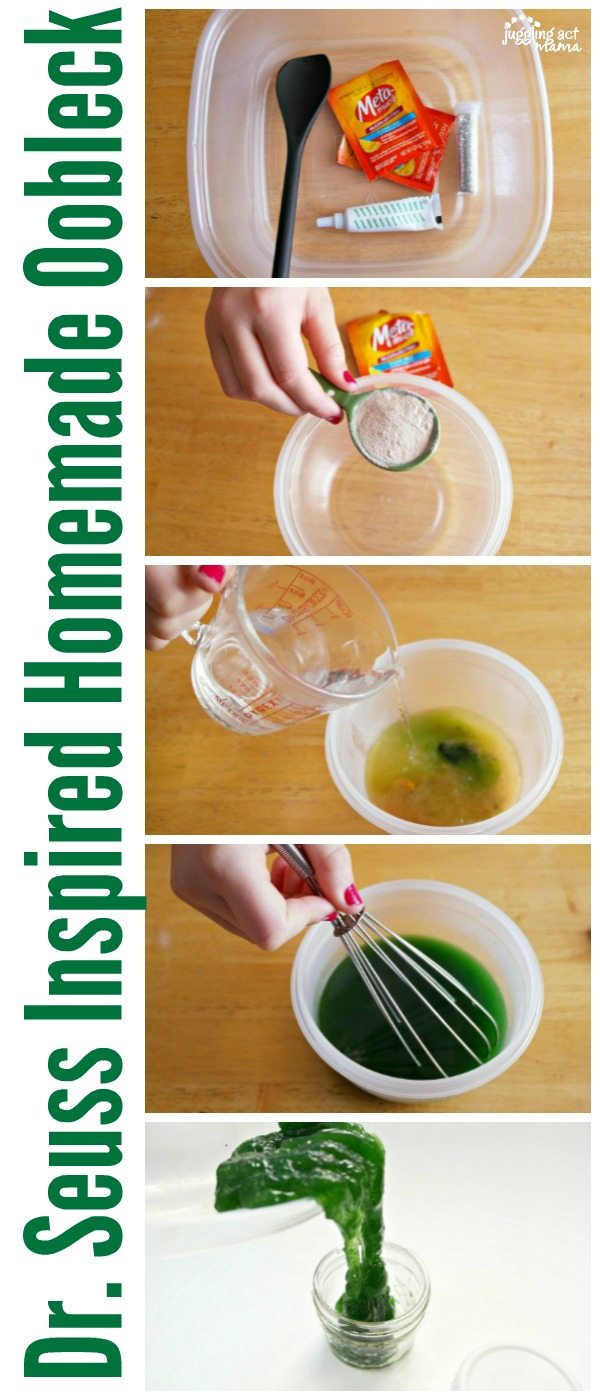 Collage image of how to make Homemade Oobleck.