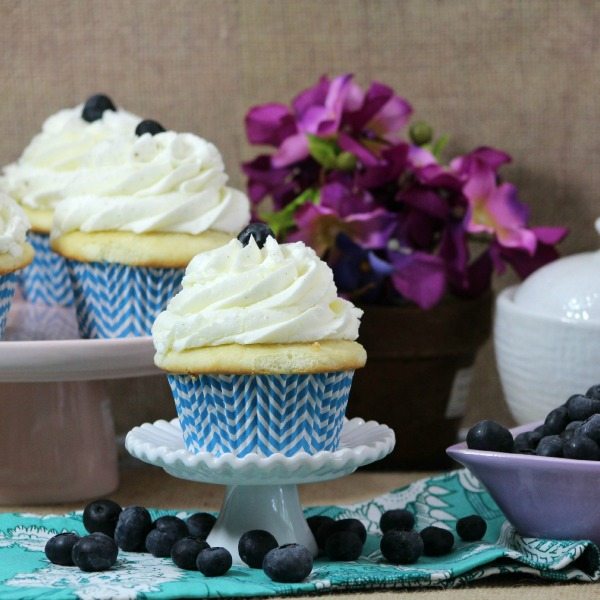 Blueberry cupcake on a small white pedestal.