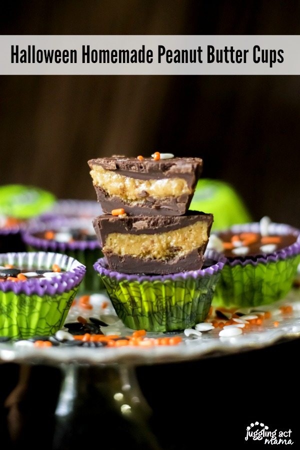 Homemade Peanut Butter Cups decorated for Halloween are a sweet and fun treat to make for parties and are easily adapted for other holidays! via @jugglingactmama