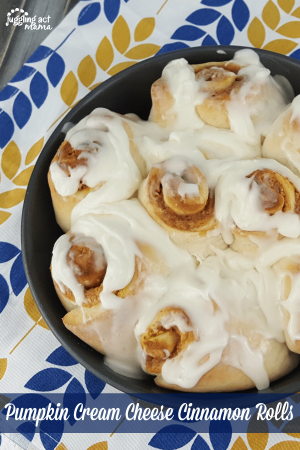These are the perfect Fall breakfast. Classic cinnamon rolls with a delicious pumpkin kick and filled AND topped with rich cream cheese. via @jugglingactmama