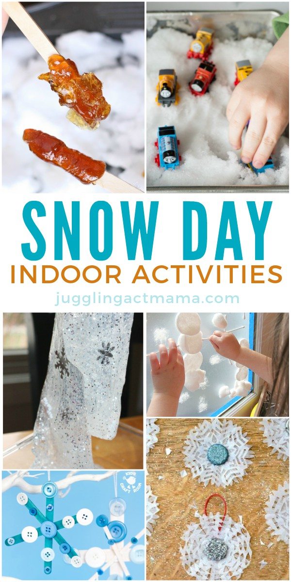 Keeping your kids busy (and out of mischief!) on a snow day can be a challenge. Plan ahead with one or two of these fun snow day indoor activities. They will love them. via @jugglingactmama