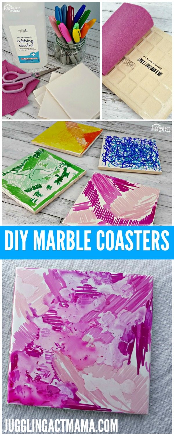 Collage showing the process of making DIY Marble Coasters using Sharpies.
