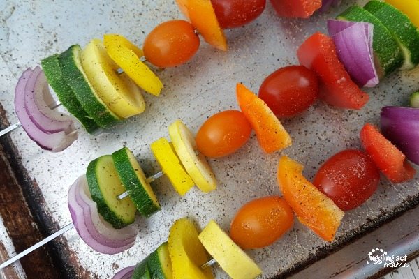 generously season with salt and pepper the Grilled Rainbow Vegetable Kabobs