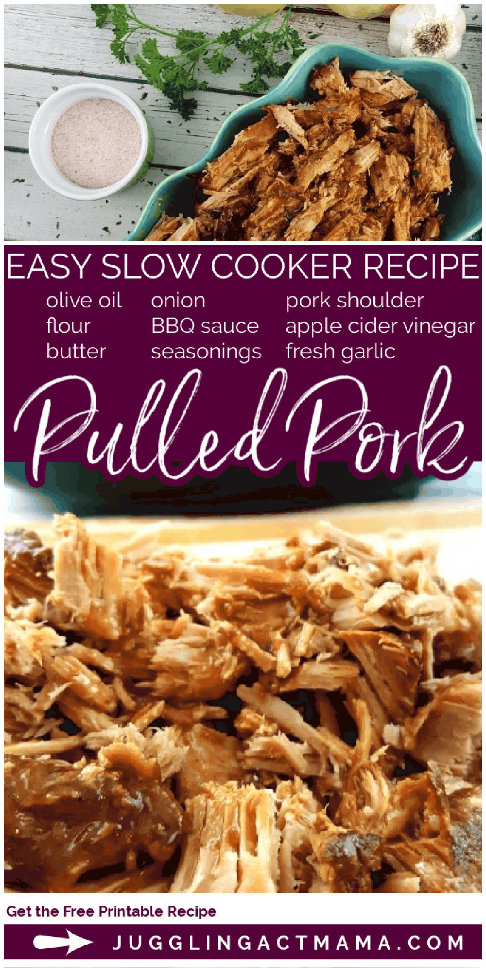 My classic Slow Cooker Pulled Pork Recipe is perfect for once a month or once a week cooking. I have tons of tips on how to freeze, what to serve with pulled pork and much more in this post. It is a versatile recipe with simple ingredients with a tried and true method for cooking pulled pork in a slow cooker! via @jugglingactmama