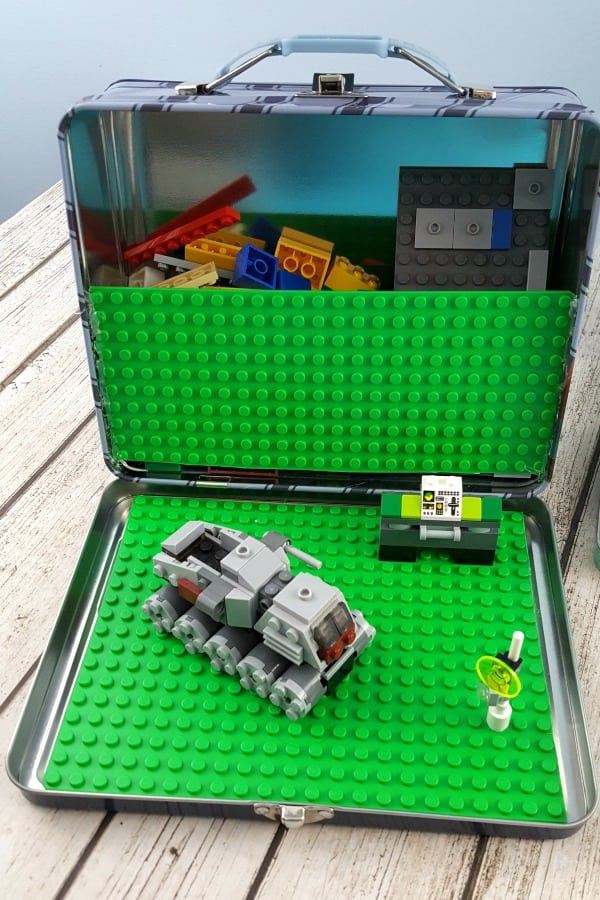 LEGOs in a metal lunch box.