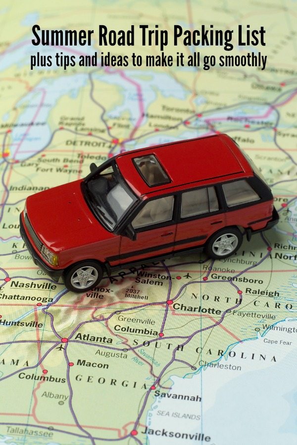 Pinterest image of a red car on a map with text that reads Summer Road Trip Packing List.