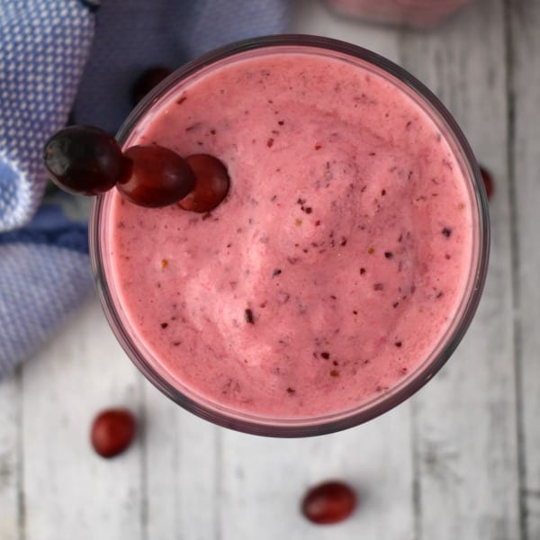 Top down view of a Cranberry Pineapple Smoothie.