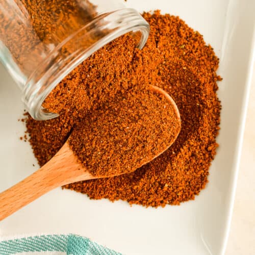 Close up of cowboy spice rub on a small wooden spoon.