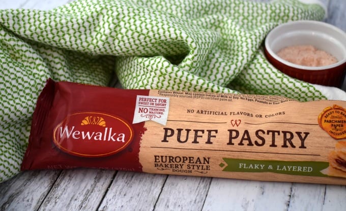 Package of Wewalka Puff Pastry Dough next to a green hand towel
