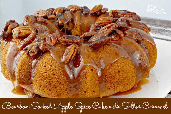 Apple spiced bundt cake topped with pecans and salted caramel.