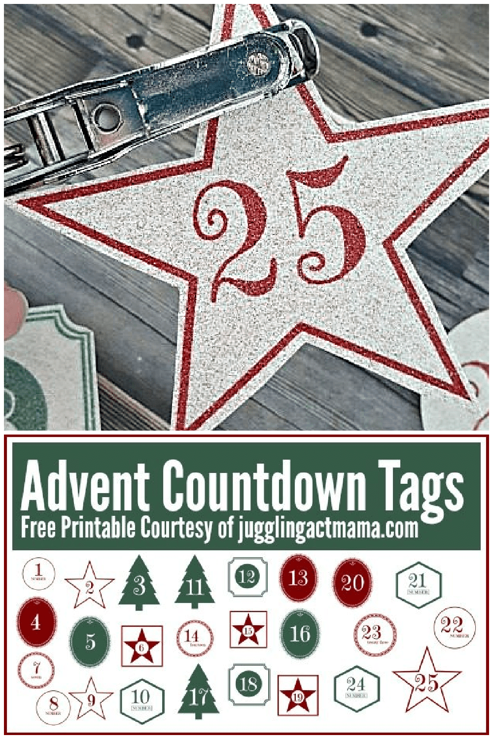 These gorgeous Printable Advent Calendar Numbers using glittery paper add a touch of holiday whimsy! Download them for free and get our tips on how to use this paper. via @jugglingactmama