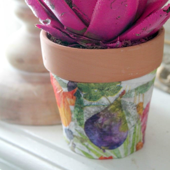 Decopage Flower Pot with pink painted succulent