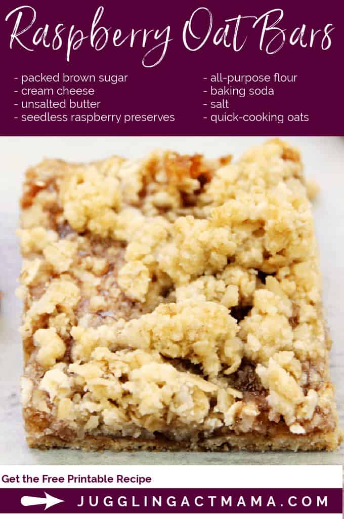 Raspberry Jam Oat bars are a quick and easy dessert or snack idea, and they made a great addition to any party or potluck. Plus, you can easily change up the flavor by changing the flavor of jam. via @jugglingactmama
