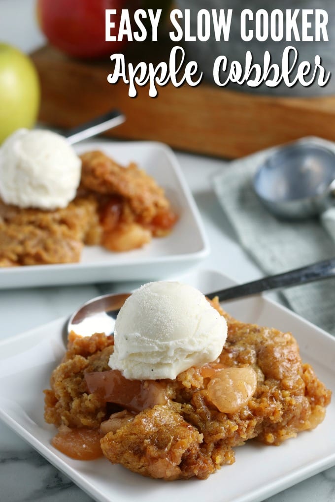 This slow cooker apple cobbler is a simple dessert that pleases a crowd. Pair the warm apple cobbler with vanilla ice cream and you've got a perfect Fall treat. via @jugglingactmama