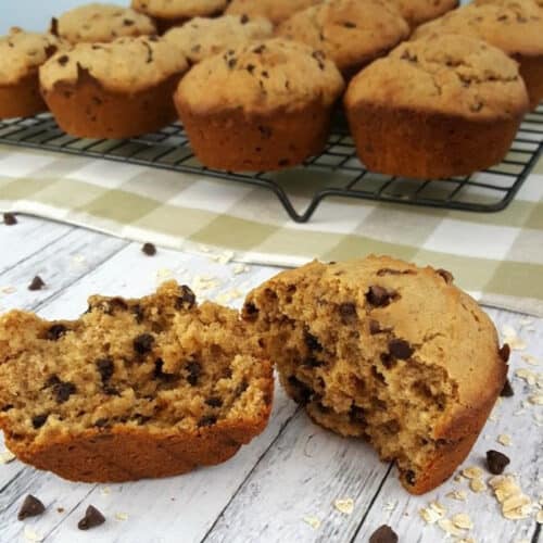 Close up of Peanut Butter Banana Chocolate Chip Muffins.
