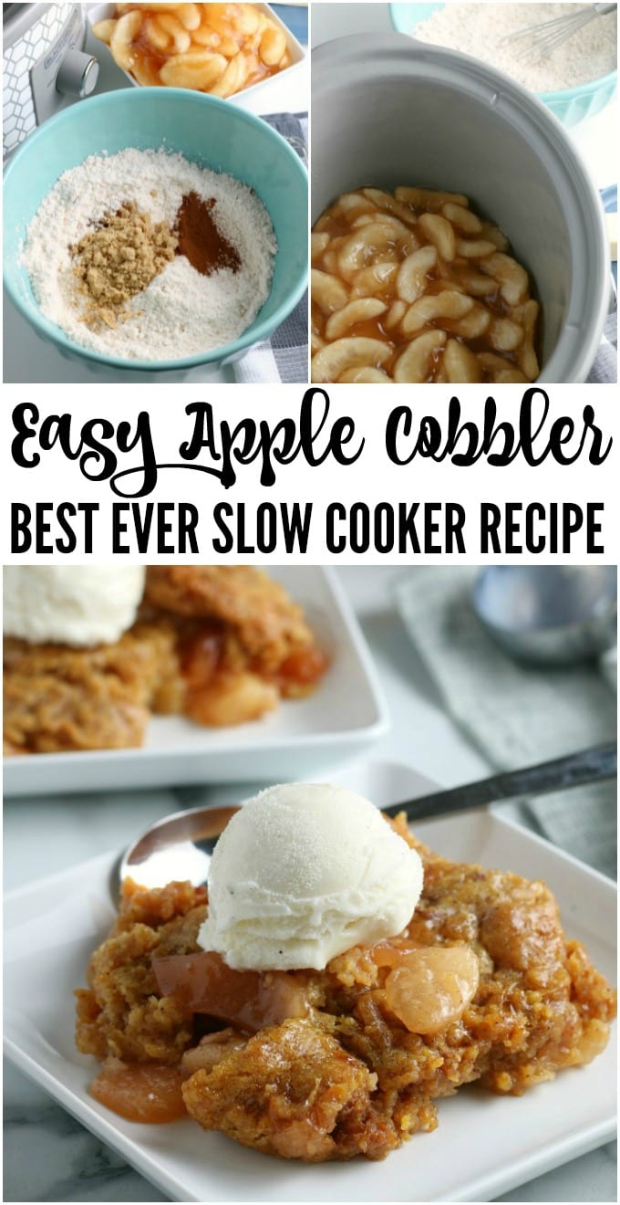 This slow cooker apple cobbler is a simple dessert that pleases a crowd. Pair the warm apple cobbler with vanilla ice cream and you've got a perfect Fall treat. via @jugglingactmama