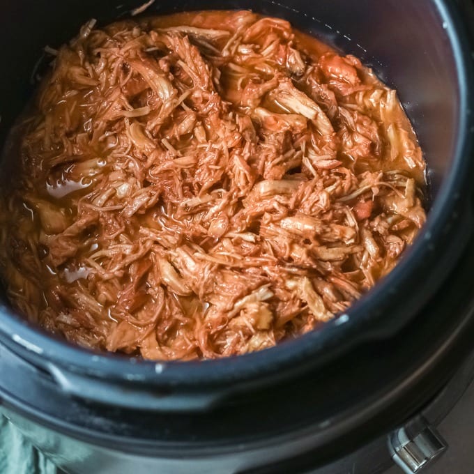 BBQ chicken in a slow cooker crock.