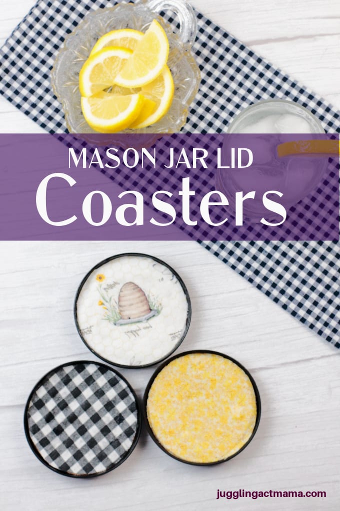 Make your own Mason Jar Lid Coasters using fabric, cork and mason jar lids! It is a simple inexpensive way to add a little charm to your home. Plus, this Mason Jar Lid Coasters DIY project also makes a great gift! via @jugglingactmama