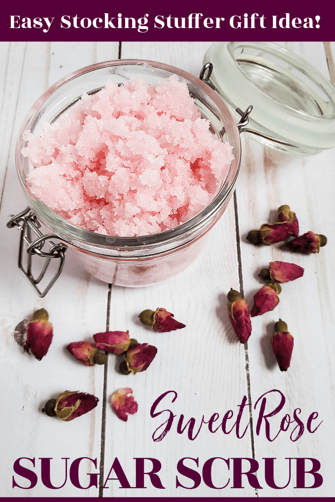 Rose Sugar Scrub is a simple, yet decadent bath time treat that's perfect for winter skin or given as a gift for Valentine's Day. via @jugglingactmama