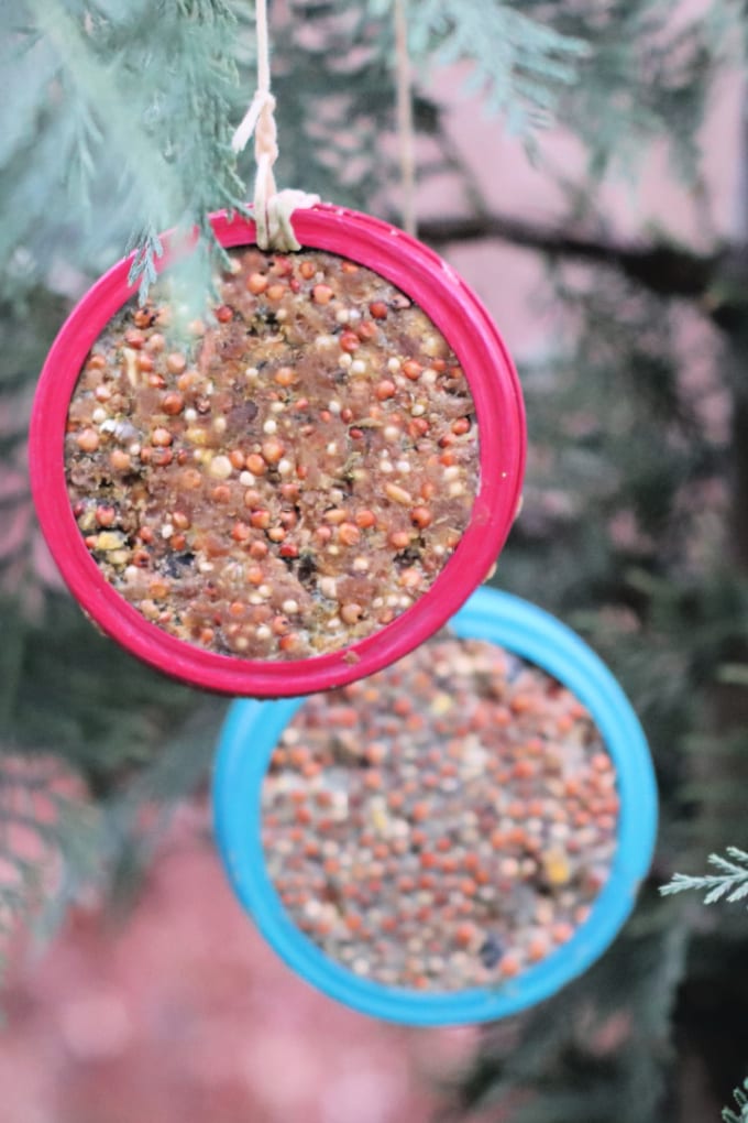 The local wildlife will go crazy for these fun and functional canning jar lid bird feeders and your little critters will love putting them together with you!  via @jugglingactmama