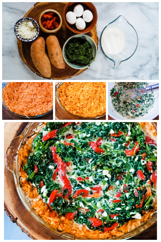 Ingredients for a sweet potato, spinach quiche. Photos show sweet potatoes being pressed into a pie plate to make the crust and the rest of the ingredients being mixed together in a large bowl.