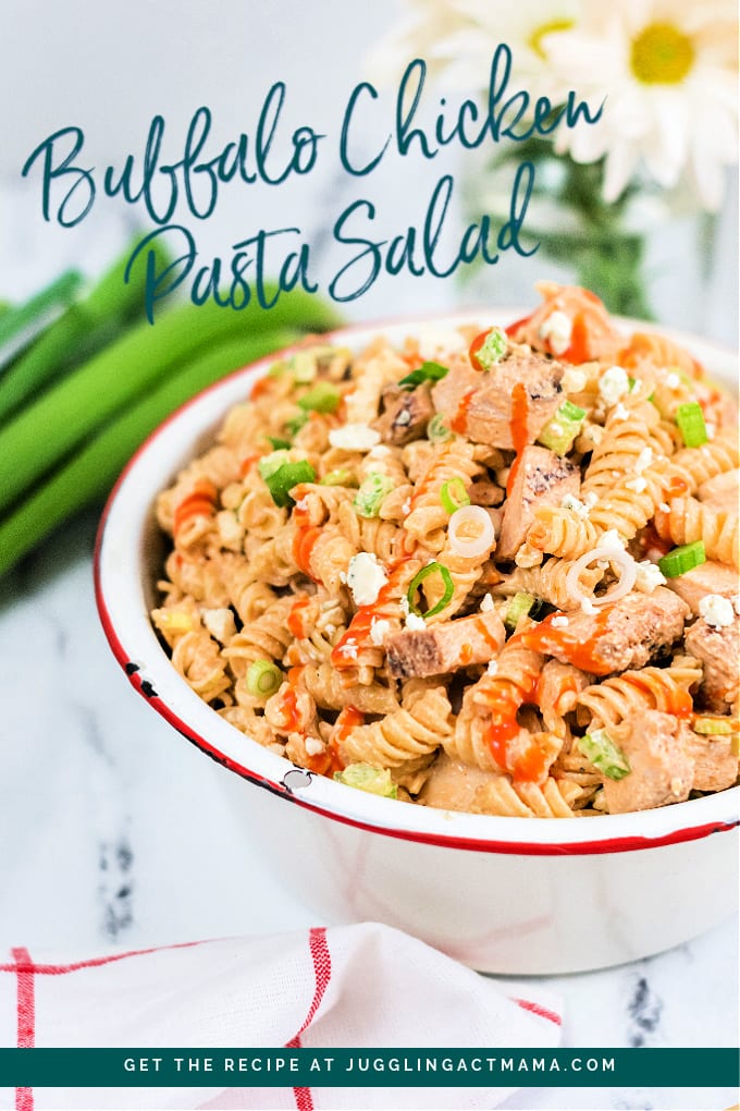 Turn up the heat on boring pasta salad with this Buffalo Chicken Pasta Salad recipe! Bold blue cheese, spicy buffalo sauce, tender chicken and al dente pasta - what could be better? Plus we have gluten-free, vegetarian and low fat options! via @jugglingactmama