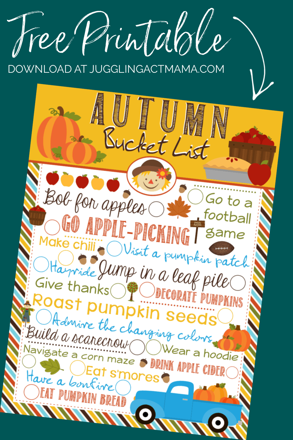 This Autumn Bucket List is a free download that you can print and display in your home with loads of ideas for a fun Fall season. via @jugglingactmama