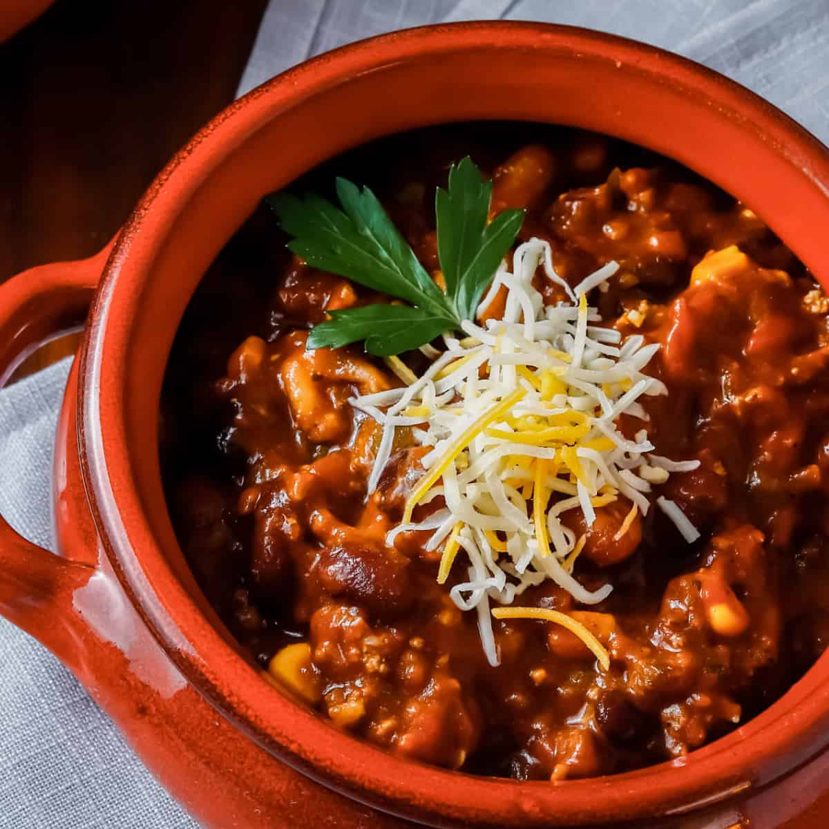 Close up of pumpkin chili in a bowl.