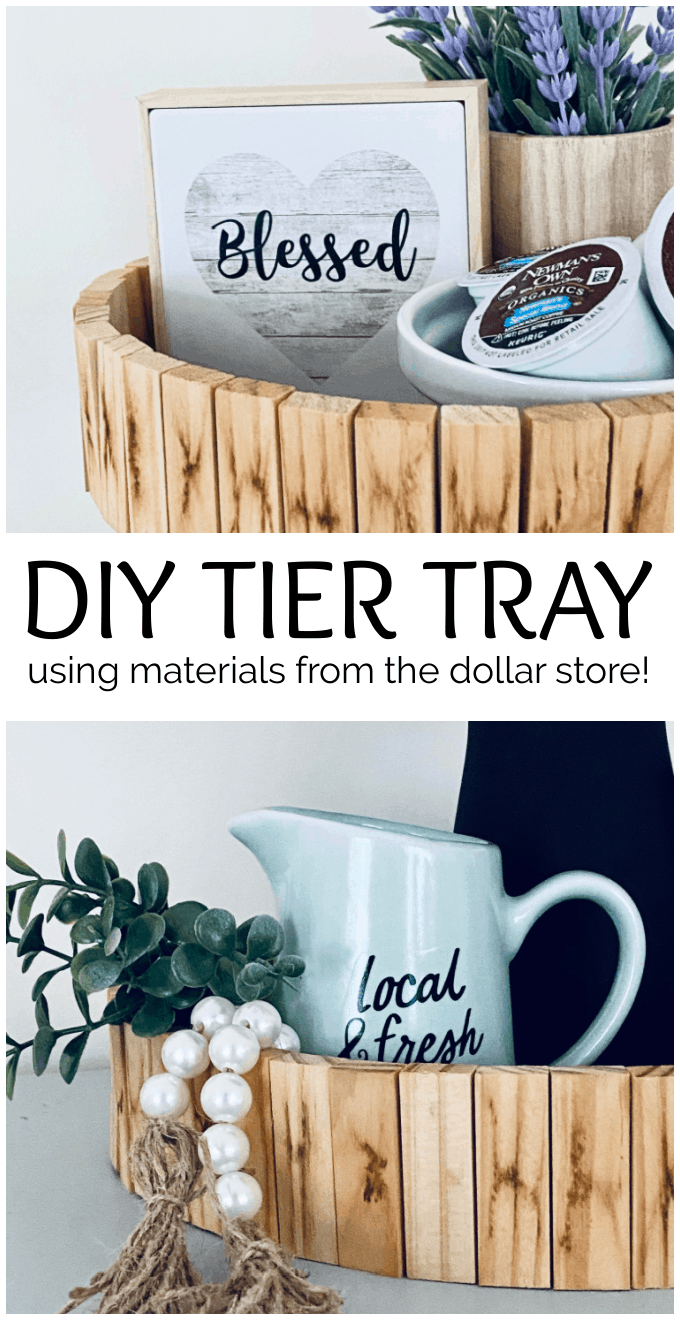 This DIY wood tiered tray tutorial will show you how to make a really unique farmhouse tray that will add rustic charm to your home using items from the dollar store. via @jugglingactmama