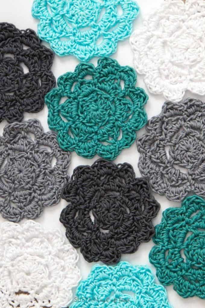 Top down image of Crochet coasters from Sustain My Craft Habit.