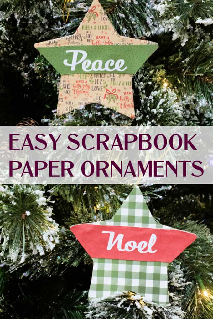 Collage of images with text that reads Easy Scrapbook Paper Ornaments.
