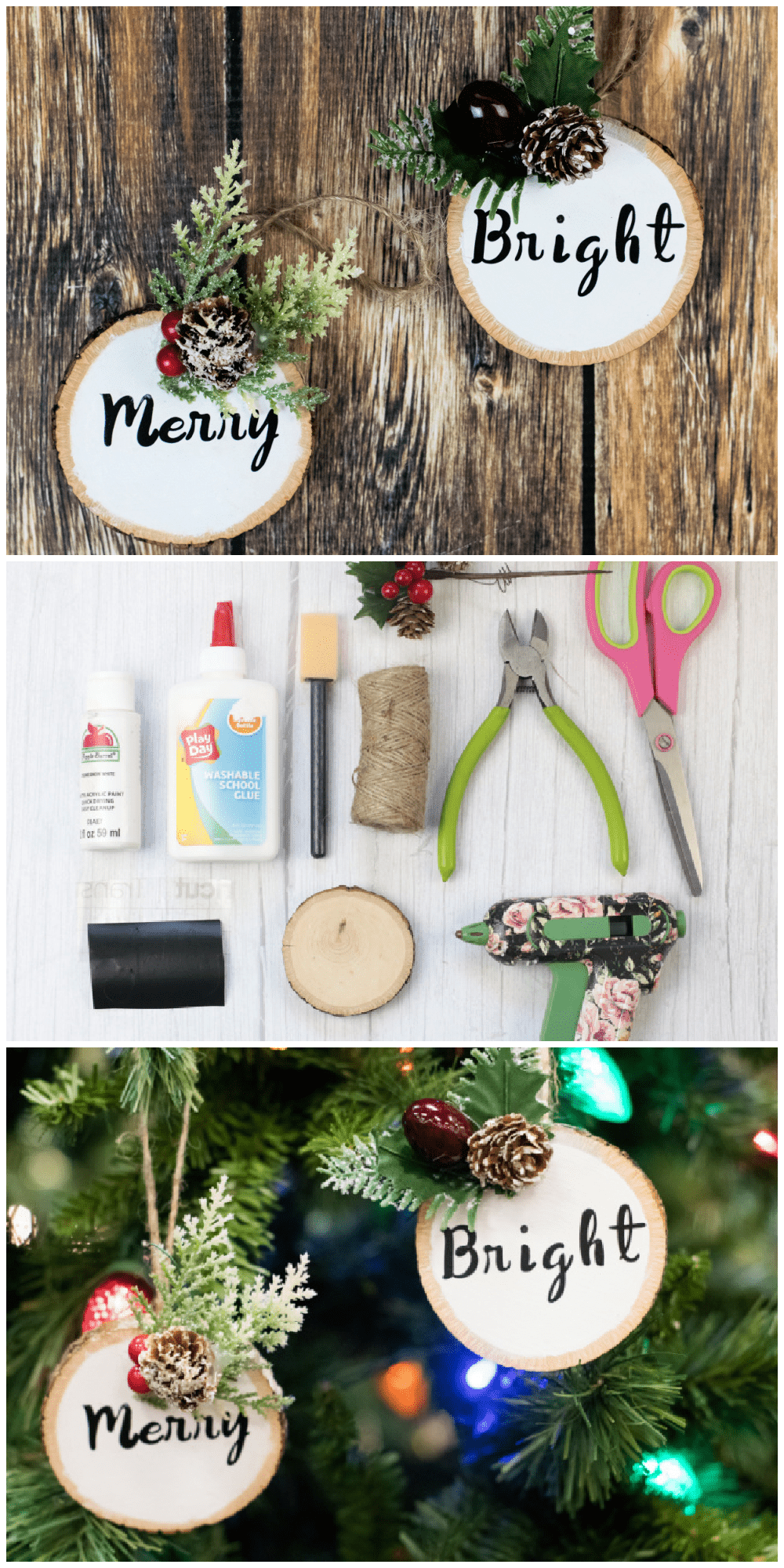 Make your own festive wood circle ornaments using your Cricut machine and this easy step-by-step tutorial. via @jugglingactmama