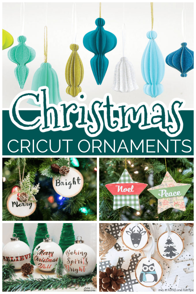 Collage of Christmas ornaments made with a Cricut machine with text that reads Christmas Cricut Ornaments.