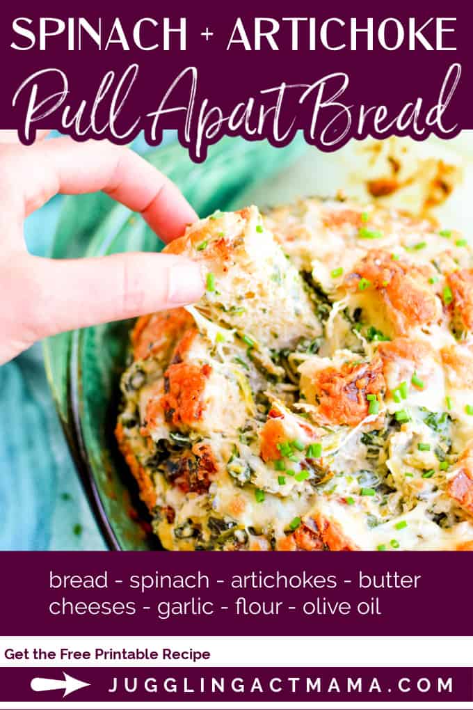 Need an easy appetizer for your next game day gathering? This Spinach and Artichoke Pull Apart Bread is a delicious combination of your favorite cheesy dip and soft, fresh bread. Your guests will love it. via @jugglingactmama