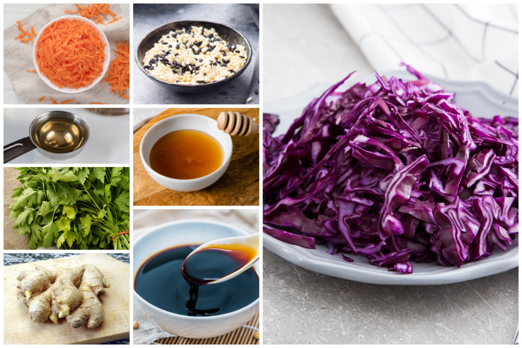 collage of ingredients for making asian slaw including purple cabbage, honey, carrots, sesame seeds, honey, parsley, ginger and soy sauce
