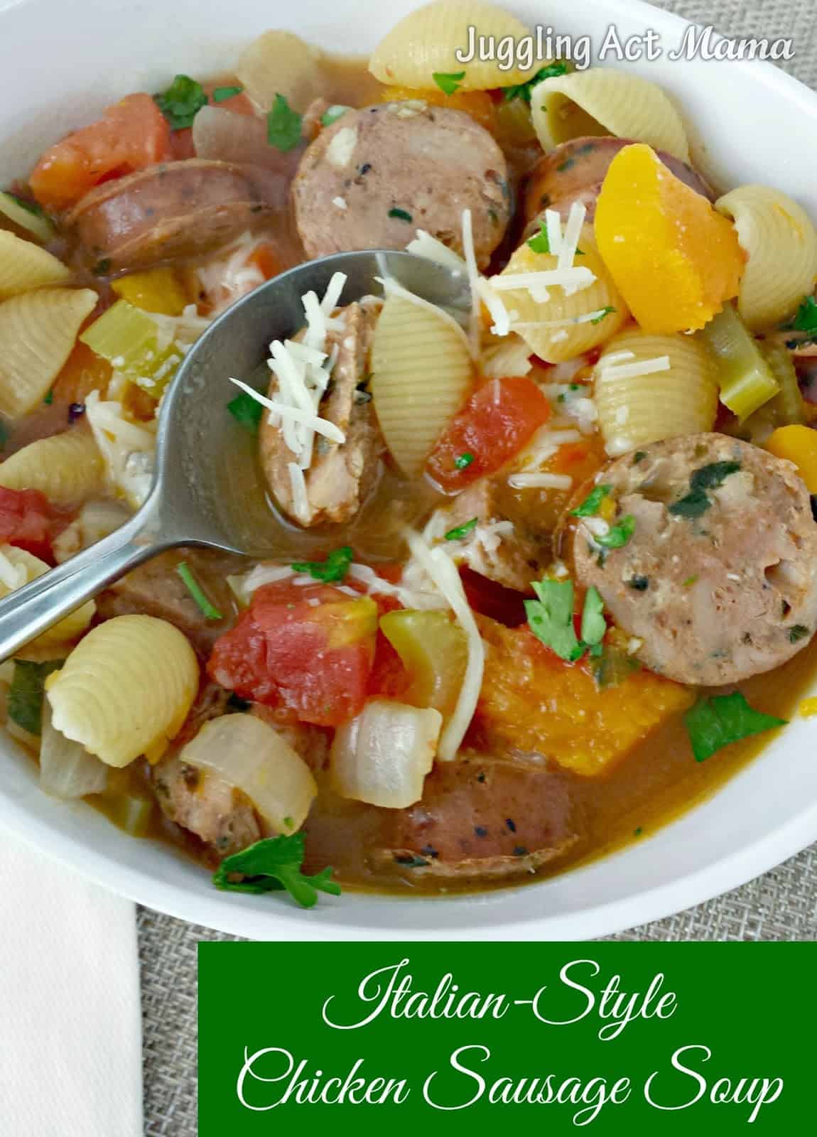 Italian Style Chicken Sausage Soup can be made in a flash on the stovetop, or can simmer away all day in slow cooker. Either way it's a hearty and delicious family meal!